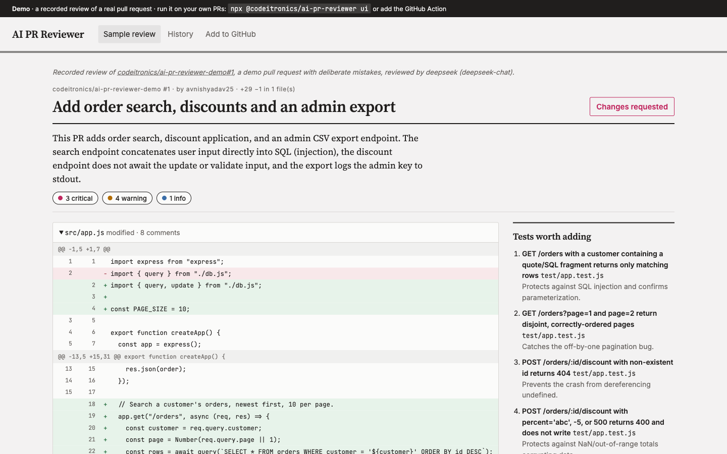 The web UI: summary, verdict and severity filters.