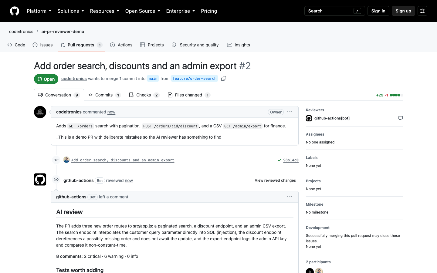 The review summary the action posts on the pull request.